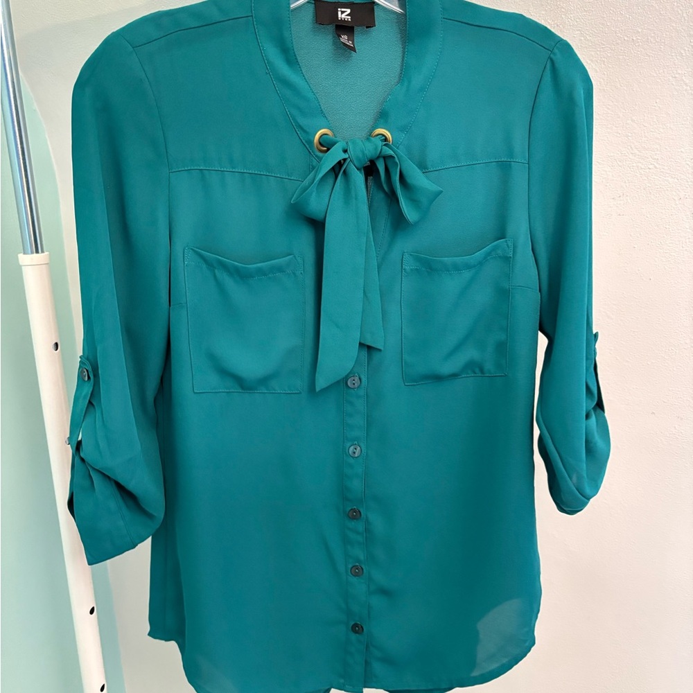 iZ Byer Teal Women's Blouse with Bow Detail